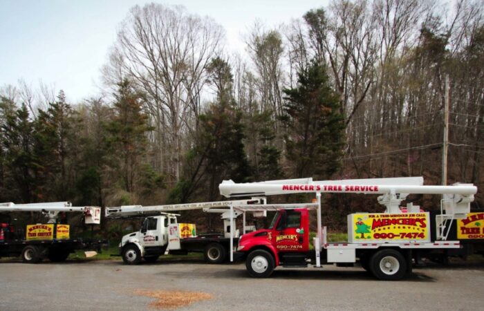 mencers tree service company trucks parked